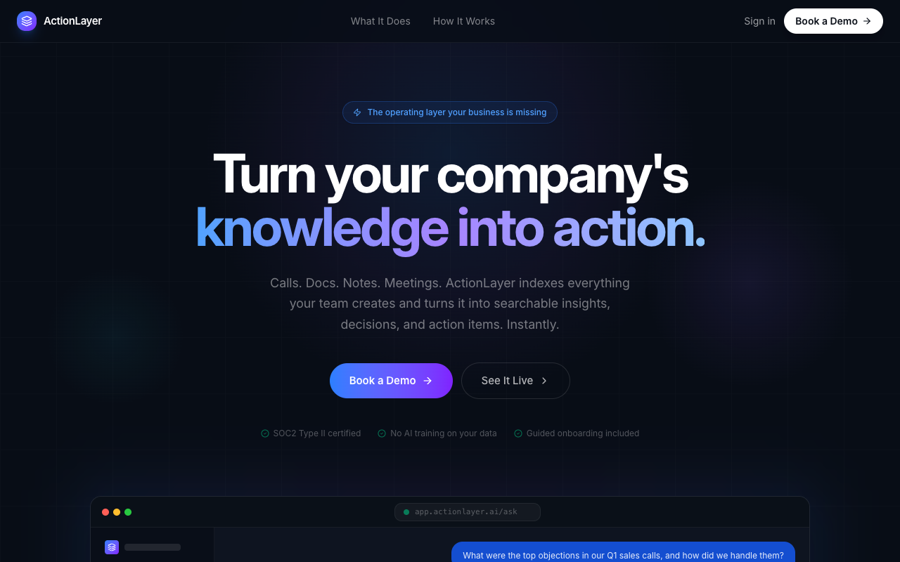 ActionLayer home page on a laptop