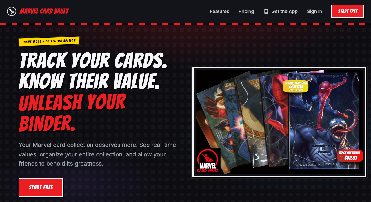 Marvel Card Vault home page on a laptop